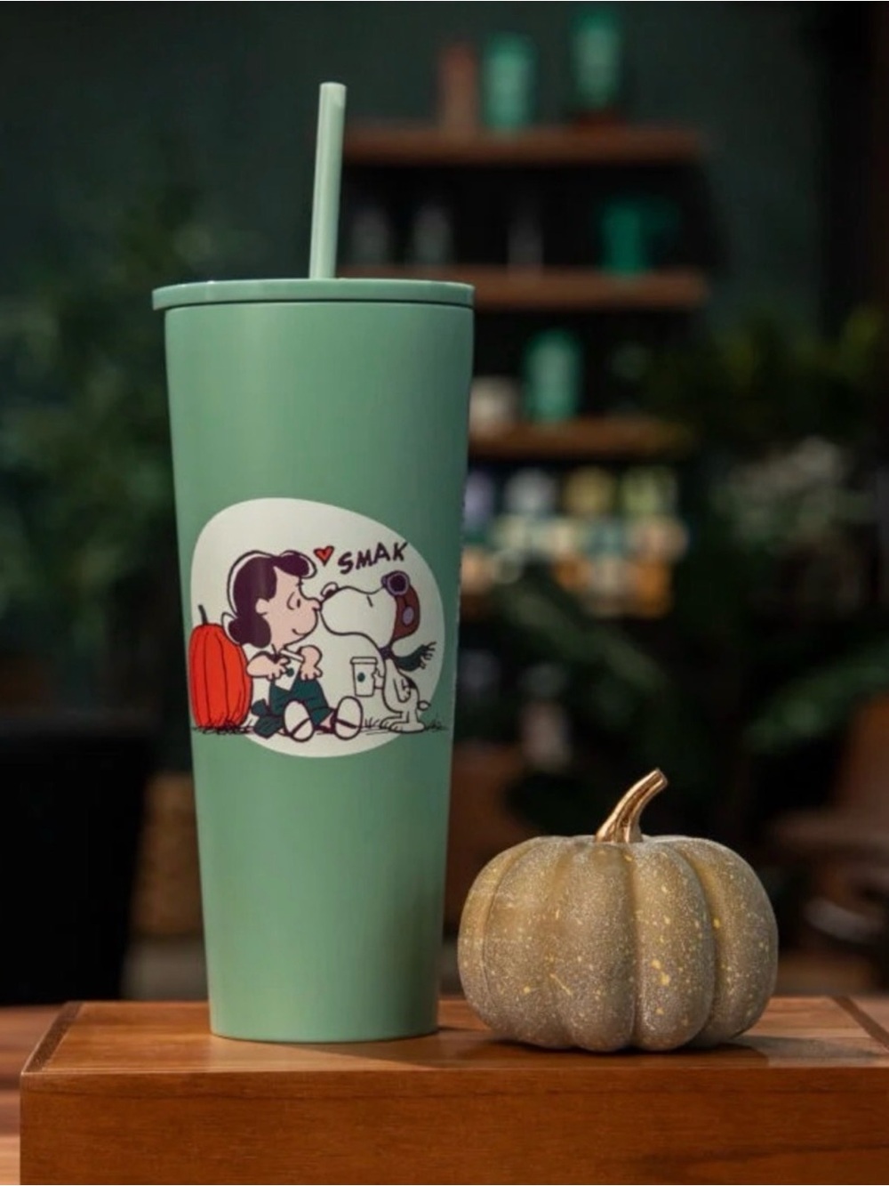 Starbucks Mint Green Peanuts Cartoon Tumbler with Straw